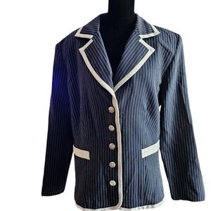 Spago Collection Navy Blue and White Pinstriped Blazer Size Large